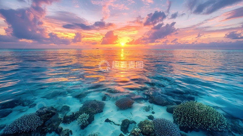 高清大图下载【趣麦麦图】海边日落珊瑚礁