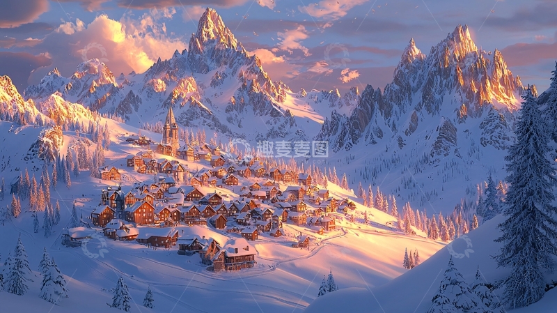高清大图下载【趣麦麦图】雪山下的村庄
