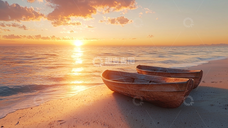 高清大图下载【趣麦麦图】夕阳下沙滩上的两艘小船