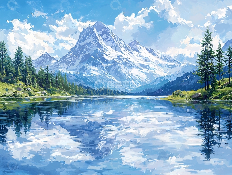 高清大图下载【趣麦麦图】雪山湖泊风景画