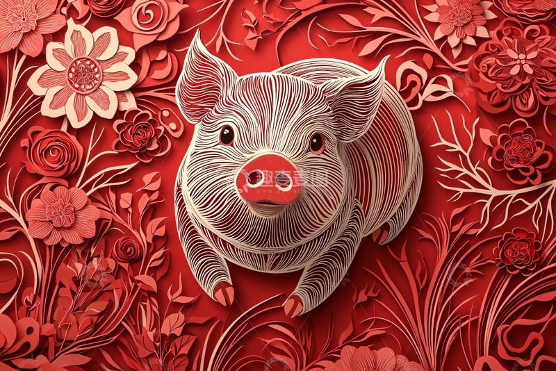 高清大图下载【趣麦麦图】红色花朵背景小猪