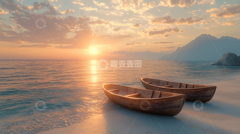 高清大图下载【趣麦麦图】日落海滩上的两艘小木船