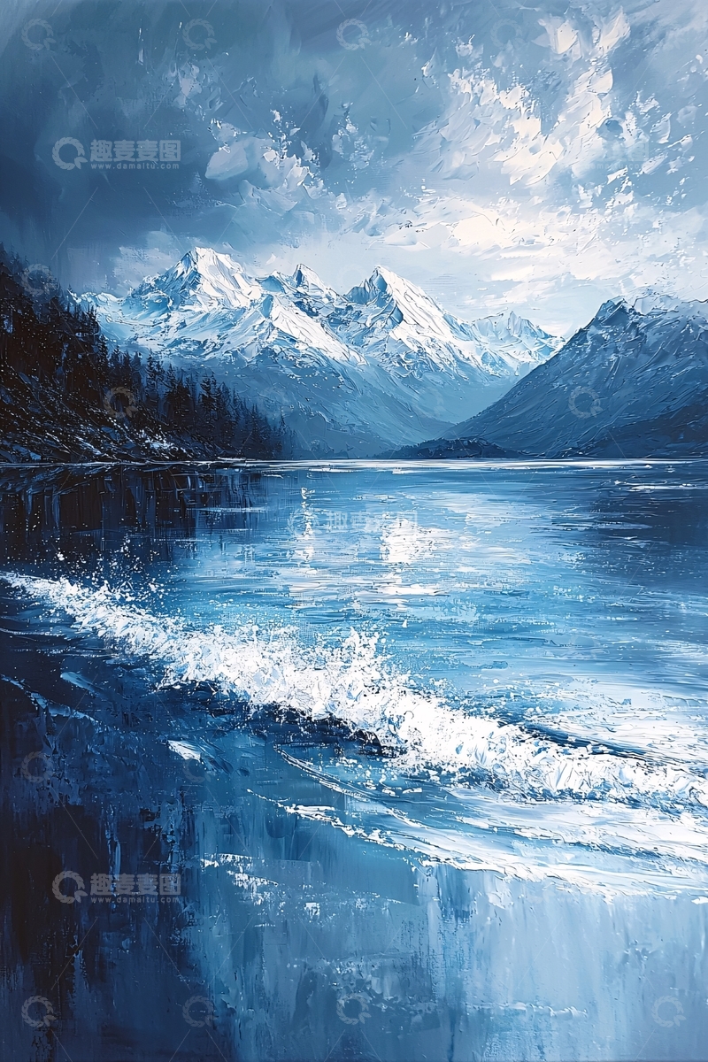 高清大图下载【趣麦麦图】蓝色湖泊雪山风景画