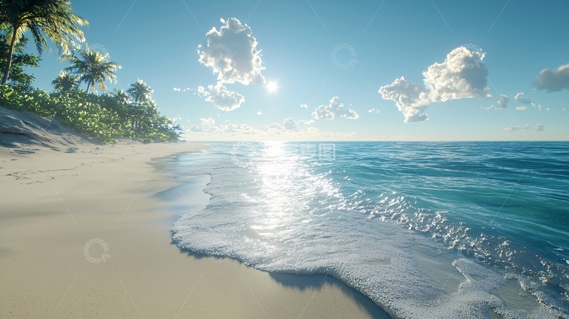 高清大图下载【趣麦麦图】阳光沙滩海浪椰树的景象