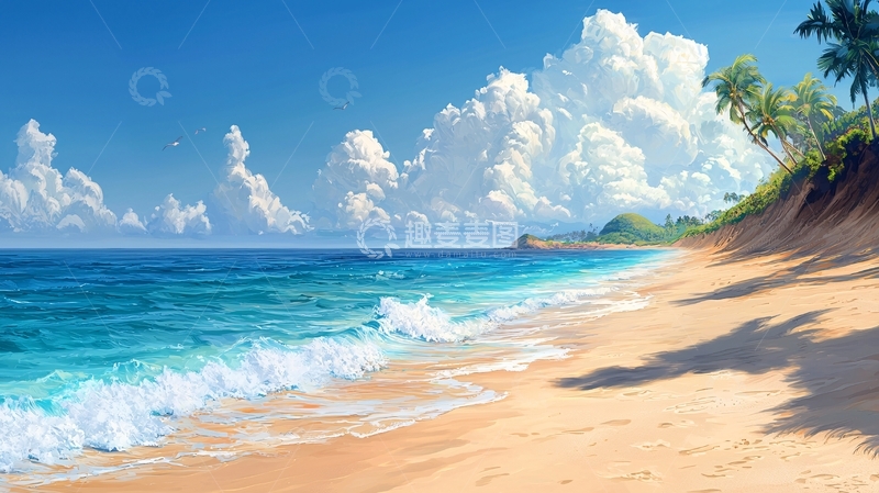 高清大图下载【趣麦麦图】阳光沙滩海浪椰树