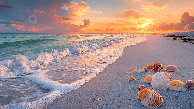 高清大图下载【趣麦麦图】海滩日落贝壳