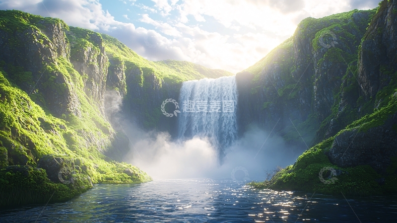 高清大图下载【趣麦麦图】阳光洒在瀑布上的绿色山谷