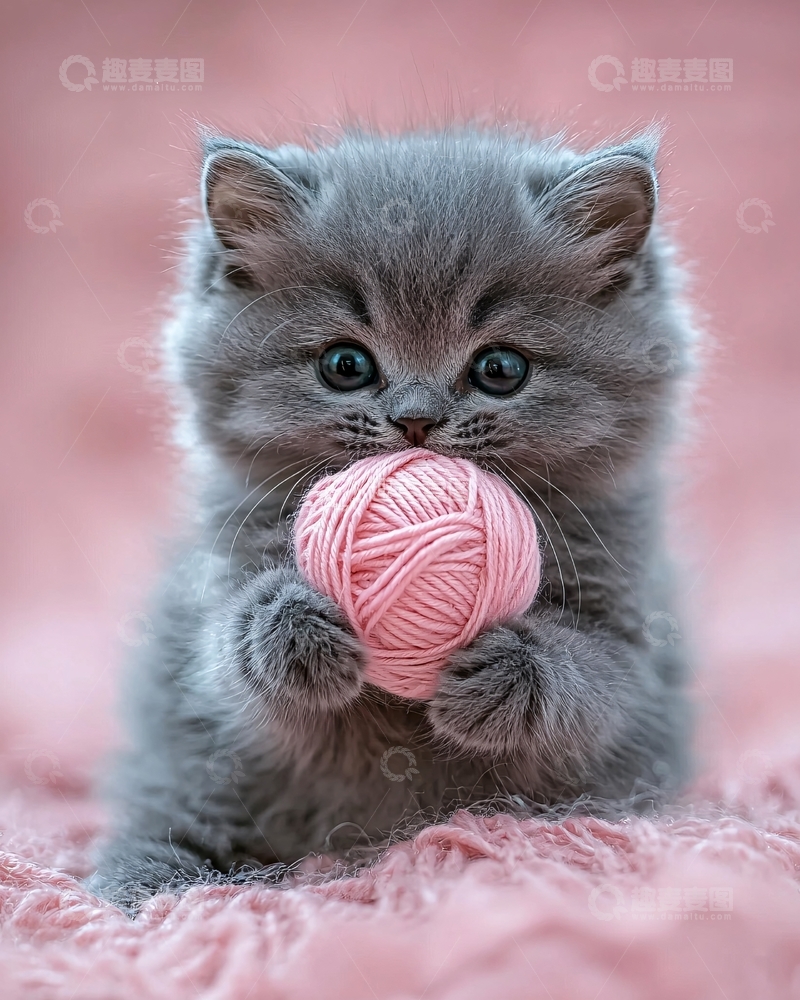高清大图下载【趣麦麦图】小猫抱着毛线球