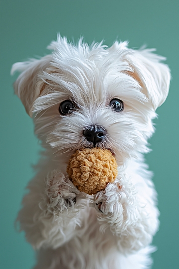 可爱的小白狗叼着玩具