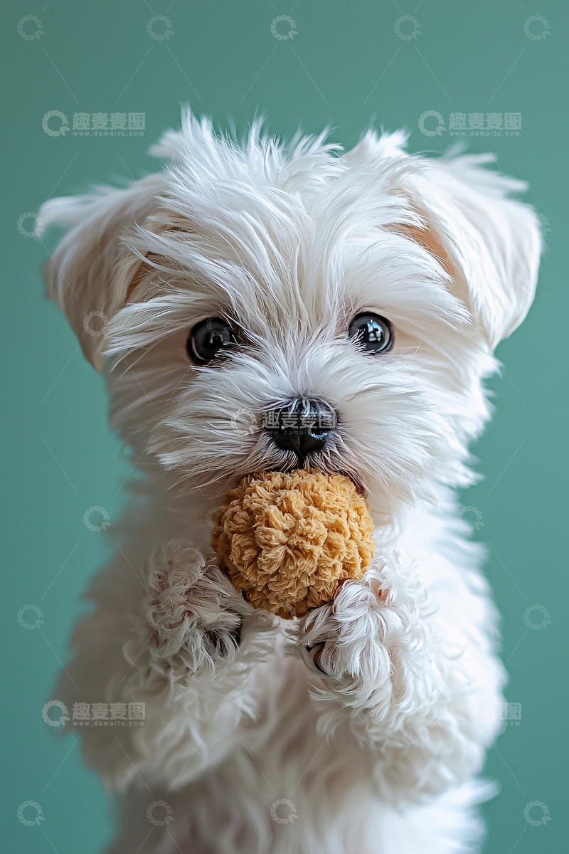 高清大图下载【趣麦麦图】可爱的小白狗叼着玩具