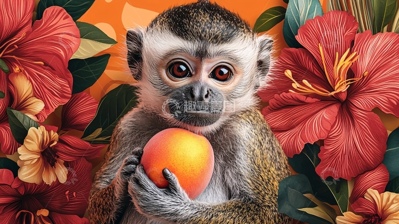 高清大图下载【趣麦麦图】小猴子抱着芒果