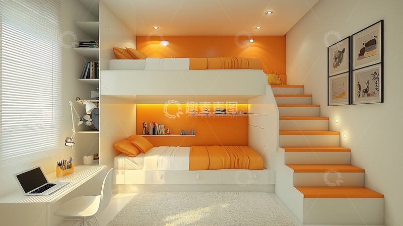 高清大图下载【趣麦麦图】现代风格橙色双层床卧室