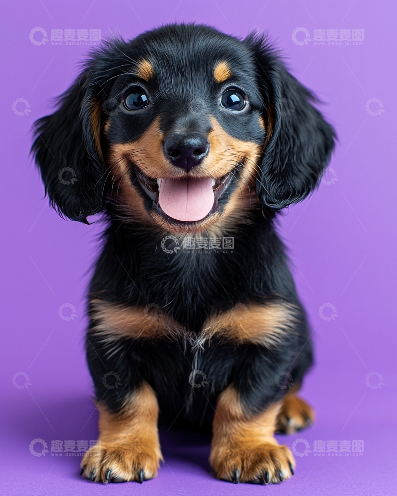 高清大图下载【趣麦麦图】紫背景下微笑的腊肠犬幼犬