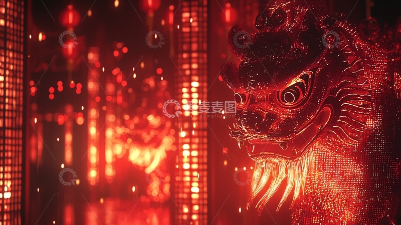 高清大图下载【趣麦麦图】红光背景下的中国传统狮子