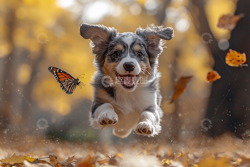 高清大图下载【趣麦麦图】秋日小狗跳跃