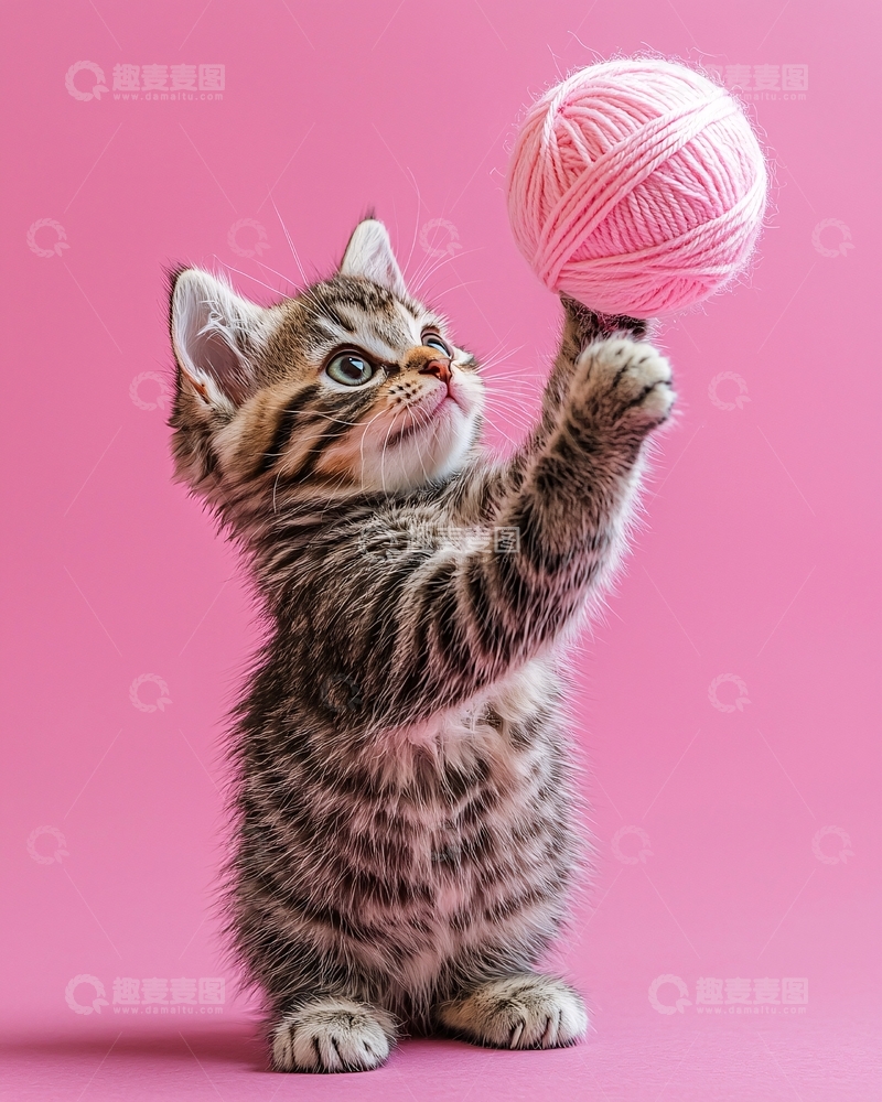 高清大图下载【趣麦麦图】小猫玩粉色毛线球