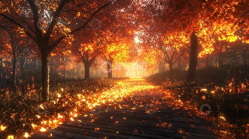 高清大图下载【趣麦麦图】燃烧的枫叶林小路