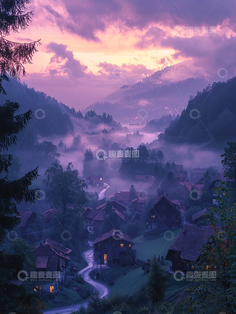 高清大图下载【趣麦麦图】紫霞暮色山谷小镇