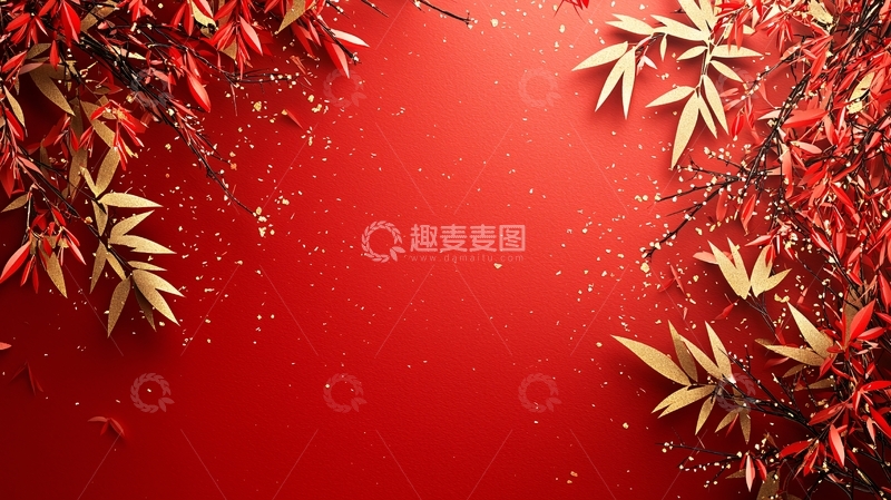 高清大图下载【趣麦麦图】红底金红枝叶背景