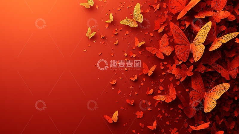 高清大图下载【趣麦麦图】-红色背景下飞舞的蝴蝶