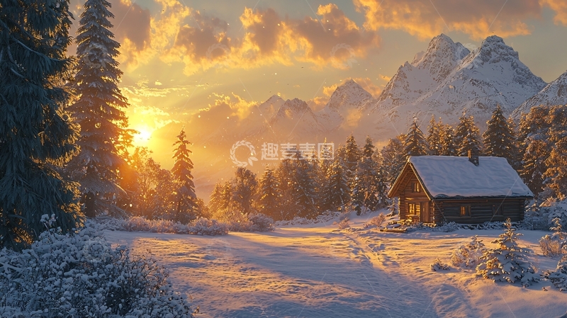 高清大图下载【趣麦麦图】雪山小屋的日落美景