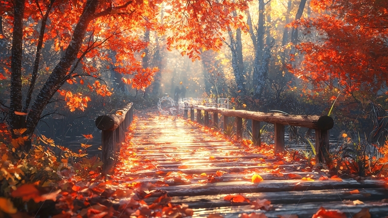 高清大图下载【趣麦麦图】秋日红叶小桥流水