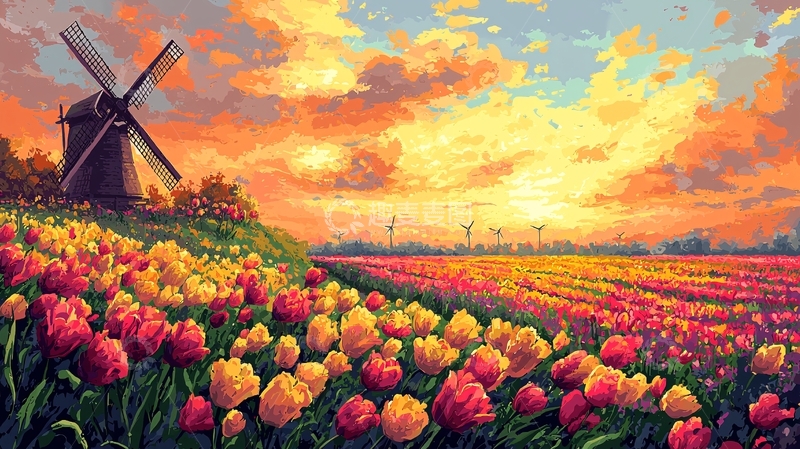 高清大图下载【趣麦麦图】夕阳下郁金香田园风车