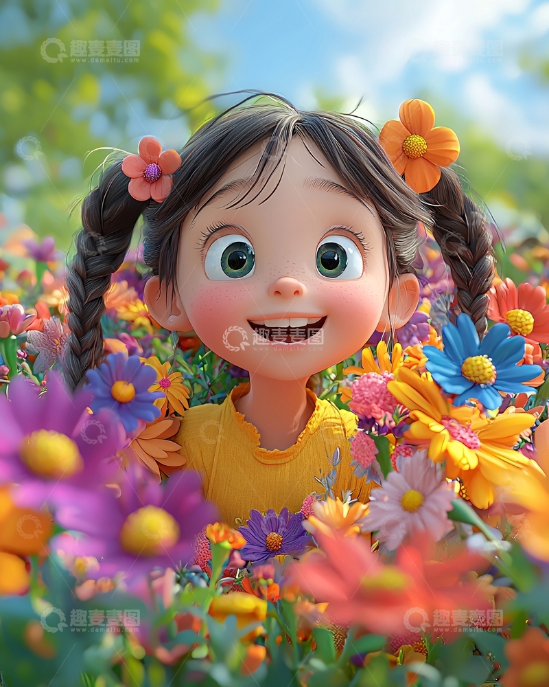 高清大图下载【趣麦麦图】卡通女孩花丛中微笑