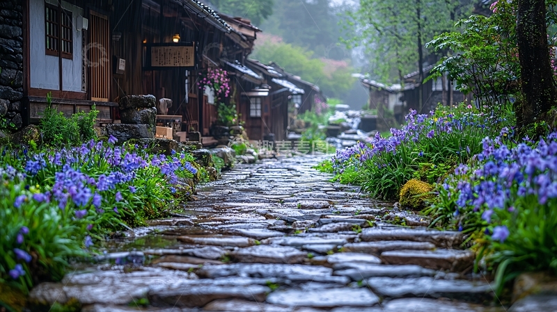 高清大图下载【趣麦麦图】雨后山村石板路