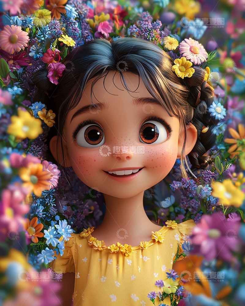 高清大图下载【趣麦麦图】卡通女孩躺在花丛中