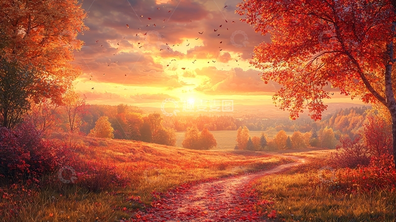 高清大图下载【趣麦麦图】秋日落日枫叶小路
