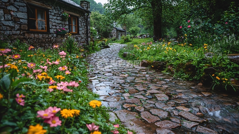 高清大图下载【趣麦麦图】雨后乡村石板路