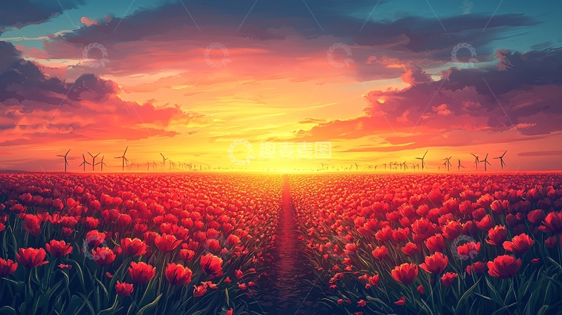 高清大图下载【趣麦麦图】红艳郁金香花田日落