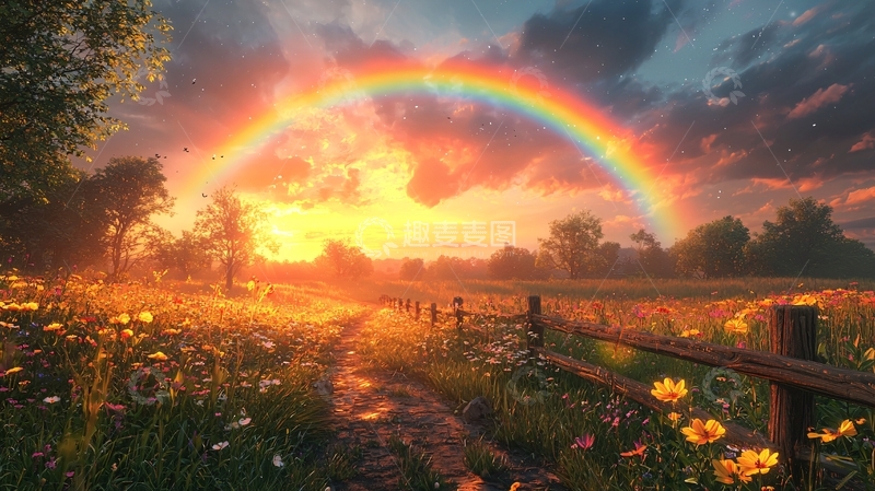 高清大图下载【趣麦麦图】彩虹田野日落