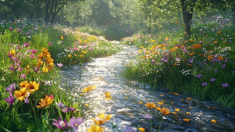 高清大图下载【趣麦麦图】阳光下的溪流花田