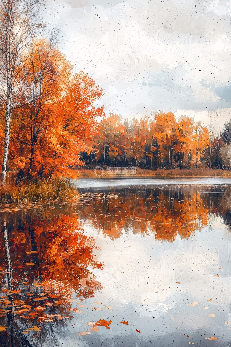 高清大图下载【趣麦麦图】秋日湖边红叶倒影