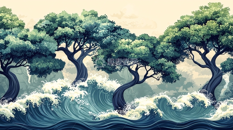 高清大图下载【趣麦麦图】水墨画风格树木海浪