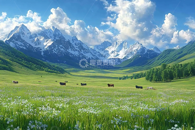 高清大图下载【趣麦麦图】雪山草原牧场风光