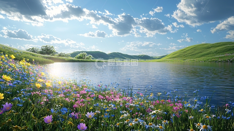 高清大图下载【趣麦麦图】阳光明媚的田园湖光