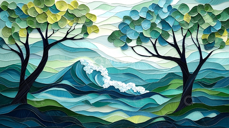 高清大图下载【趣麦麦图】抽象树木与海浪