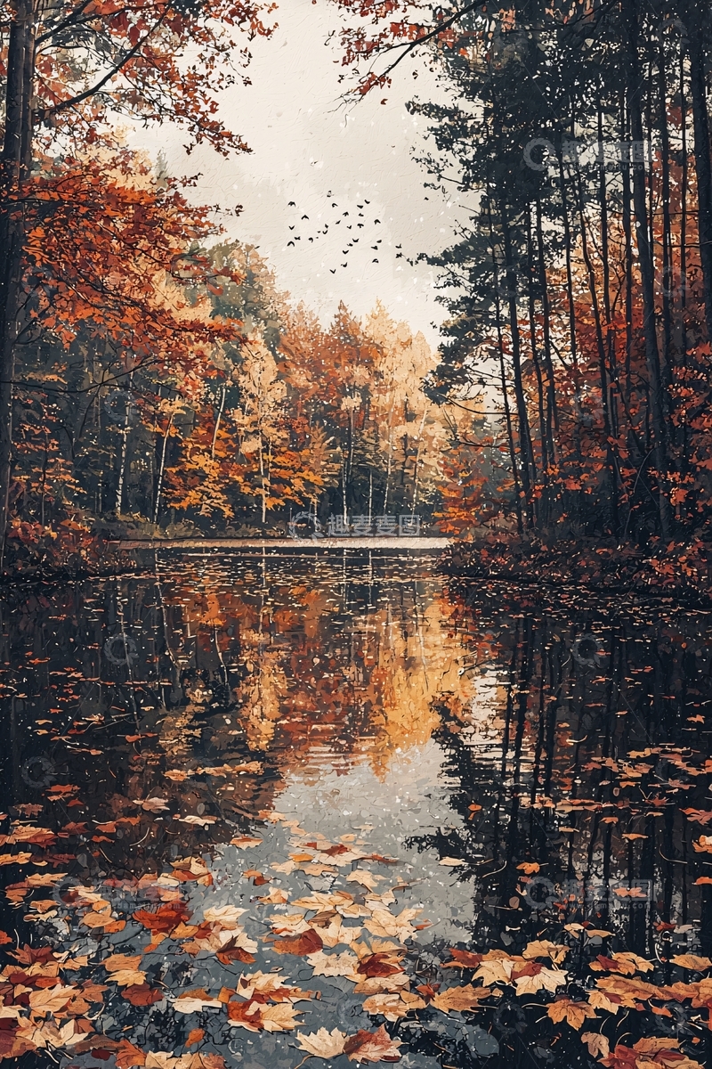 高清大图下载【趣麦麦图】秋日森林湖泊倒影