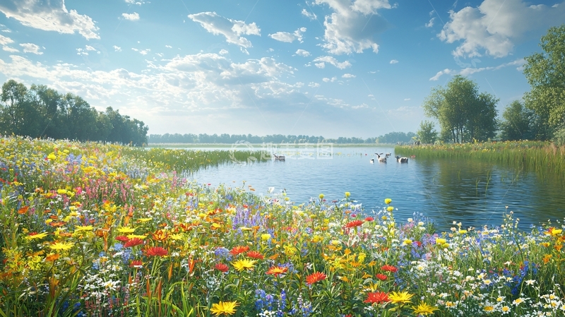 高清大图下载【趣麦麦图】阳光明媚的湖边野花