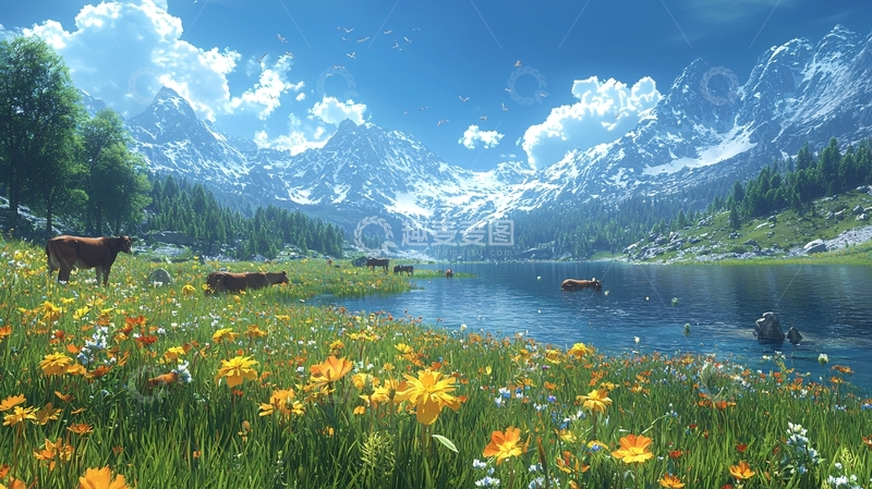 高清大图下载【趣麦麦图】高山湖泊草原牧场