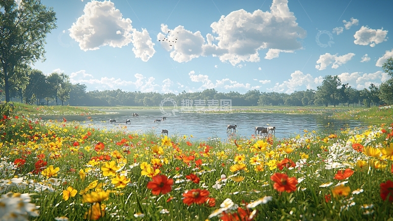 高清大图下载【趣麦麦图】阳光明媚的野花田野