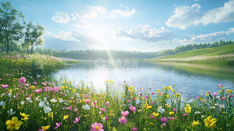 高清大图下载【趣麦麦图】阳光明媚的湖边野花