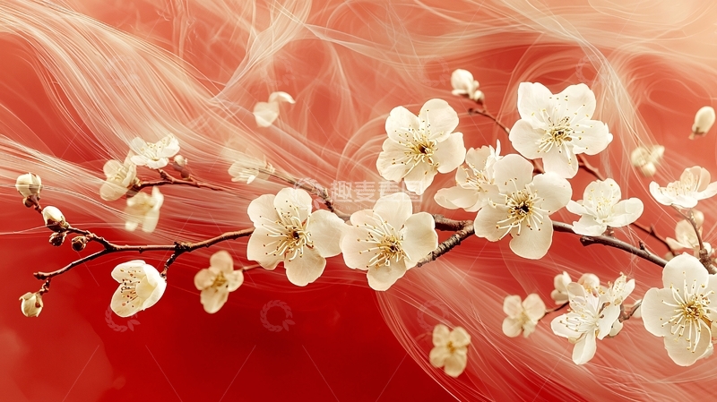 高清大图下载【趣麦麦图】红底白花朦胧意境图
