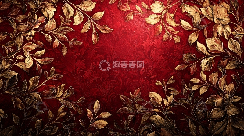 高清大图下载【趣麦麦图】暗红背景金色枝叶纹理