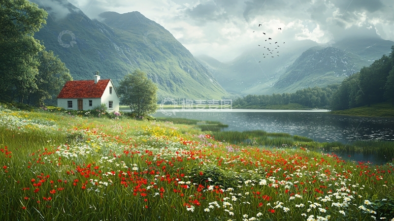 高清大图下载【趣麦麦图】山间湖畔小屋鲜花盛开