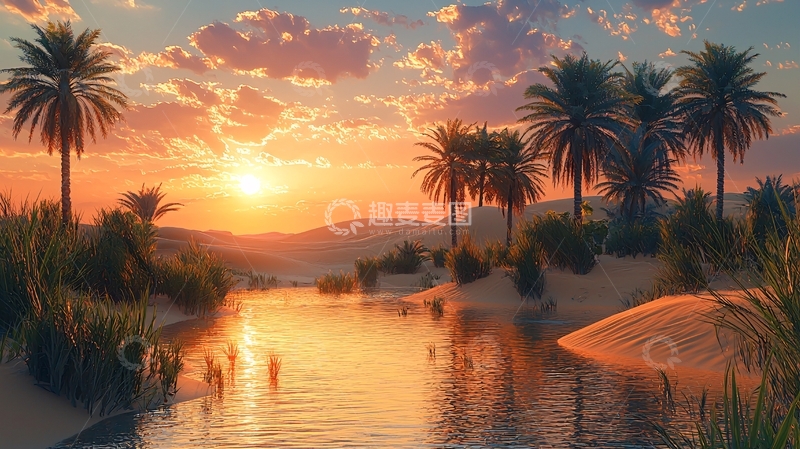 高清大图下载【趣麦麦图】沙漠日落棕榈树
