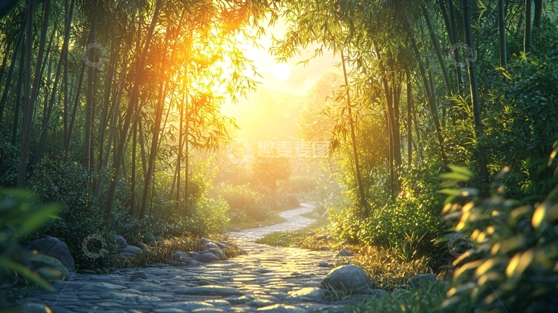 高清大图下载【趣麦麦图】阳光洒进竹林小路
